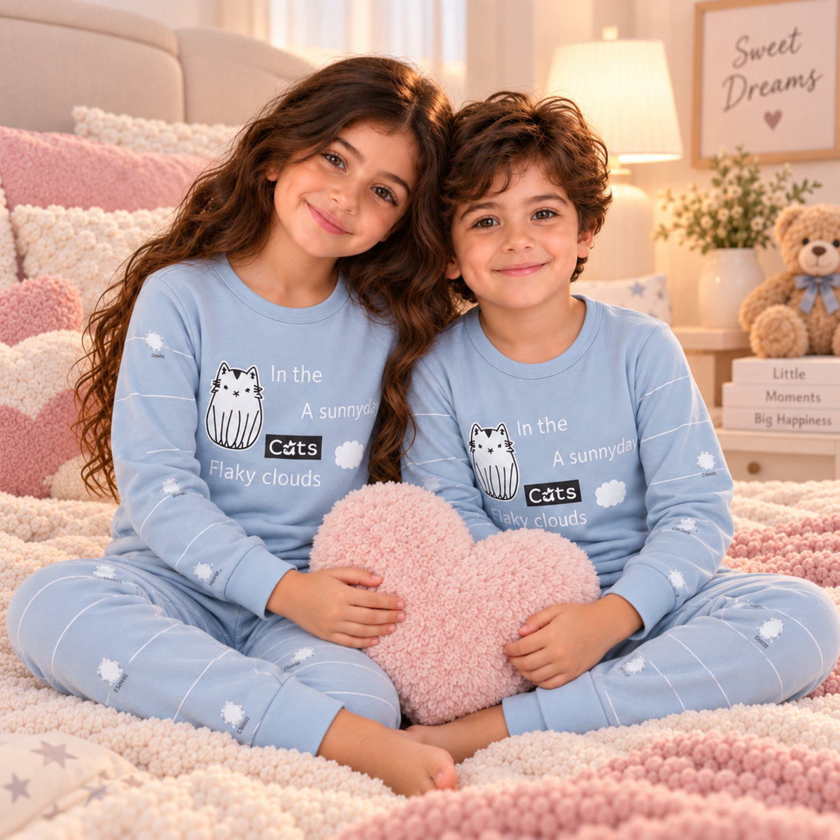 Kids’ 100% Cotton Grey Cat Pajama Set | 3–14Y