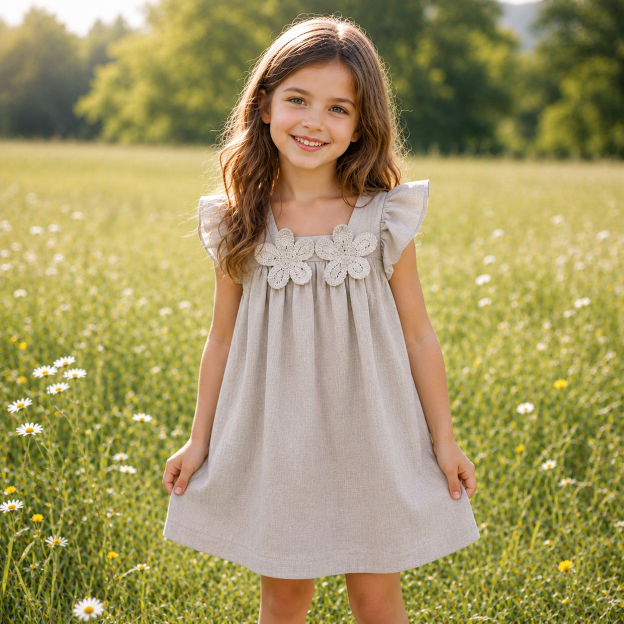 Girls Beige Linen Flower Dress | Size 2-8y
