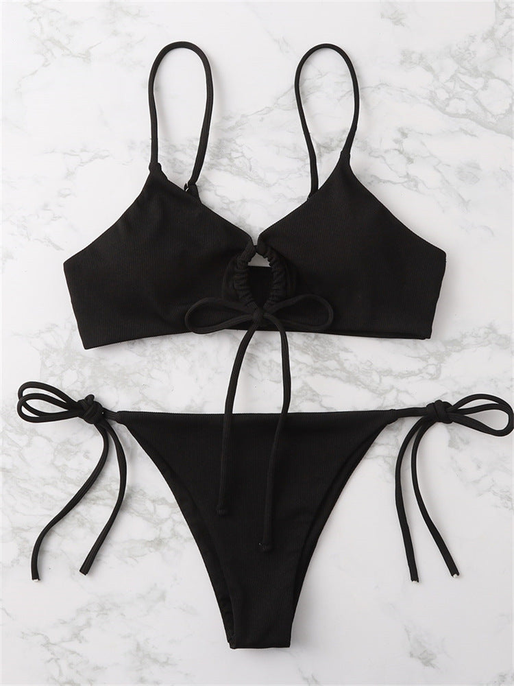 Women Ribbed Black Swimsuit - 2pcs | Size S-L