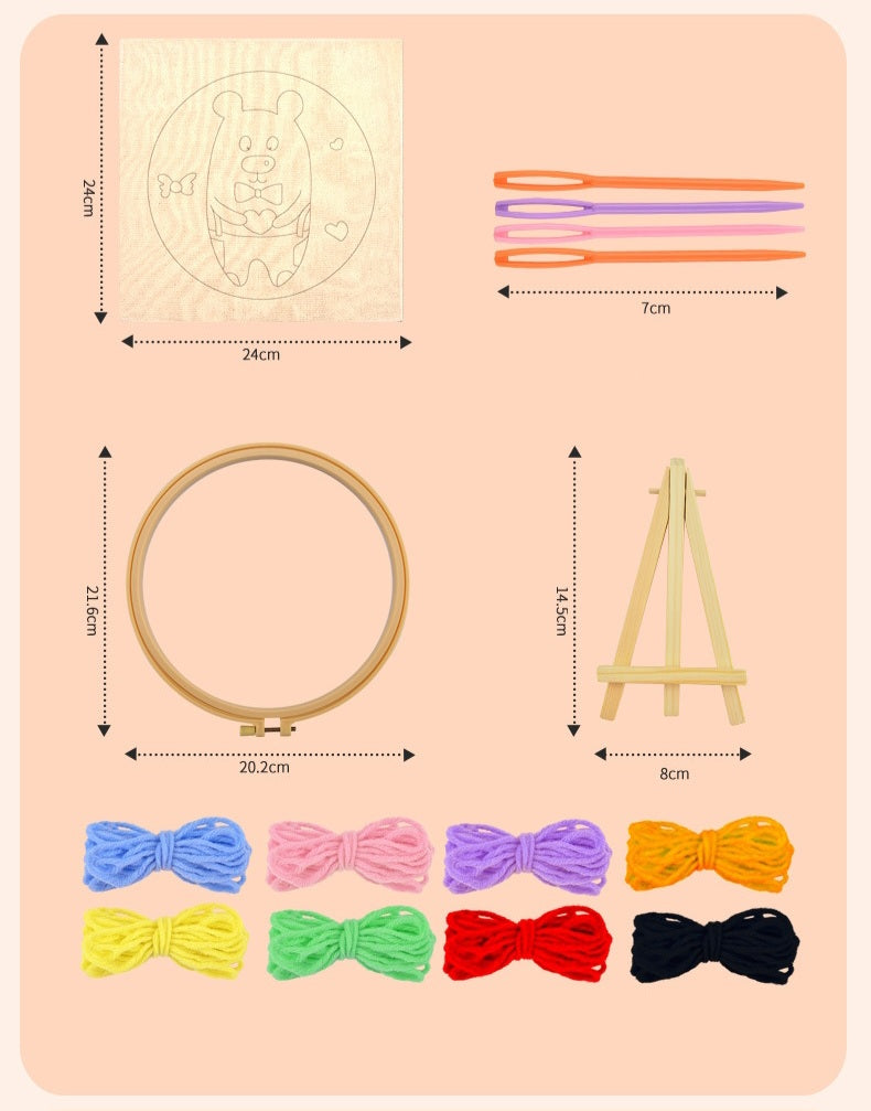 DIY Kids Embroidery Kit with Hoop, Stand & Colorful Yarn – Assorted Animal Designs
