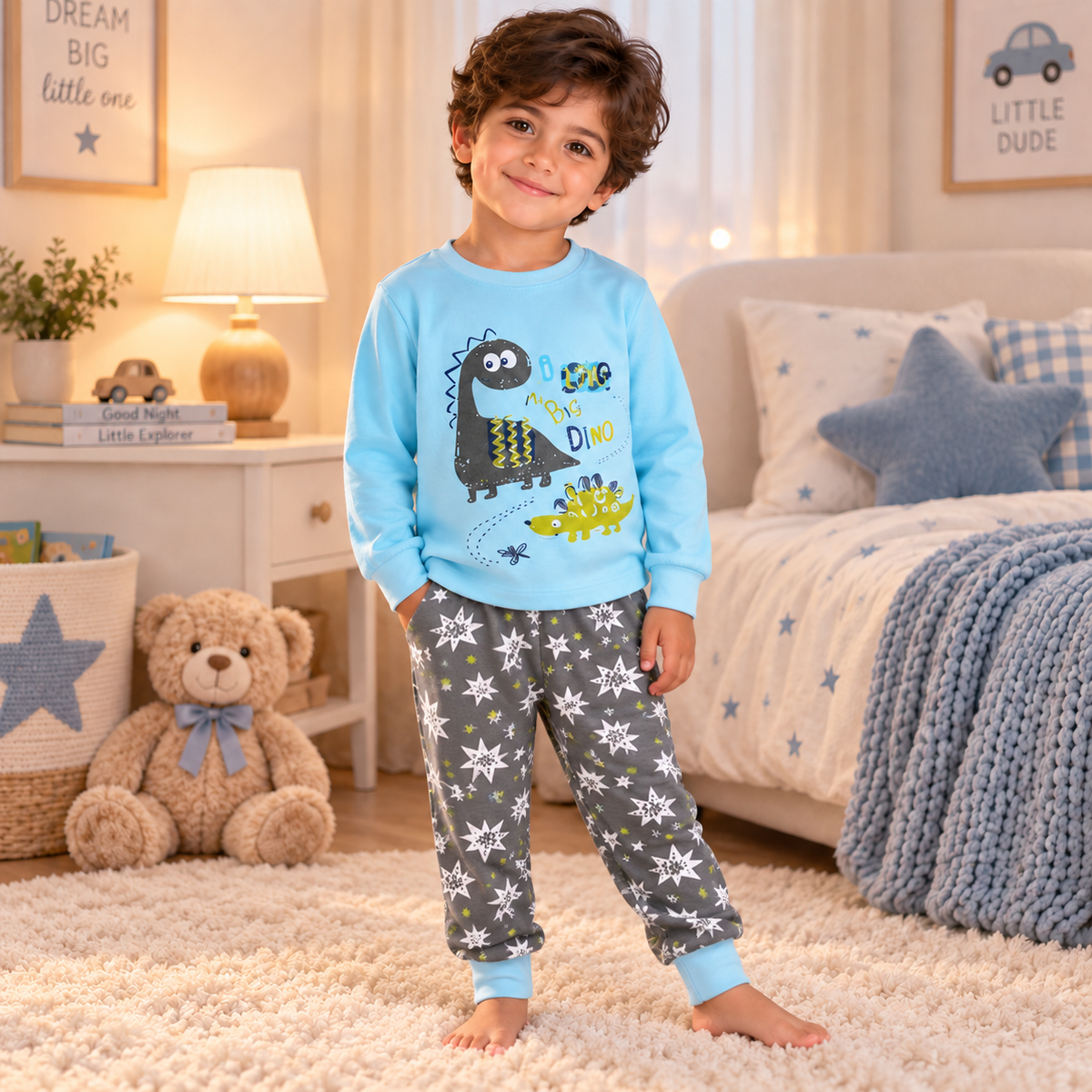 Boys’ 100% Cotton Dinosaur Pajama Set | 0–6Y