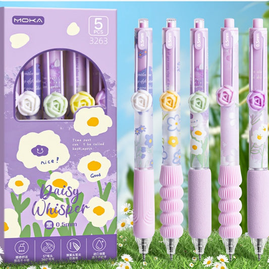 Flower Press Pen Pack Of 5 Pcs Black Head 0.5mm