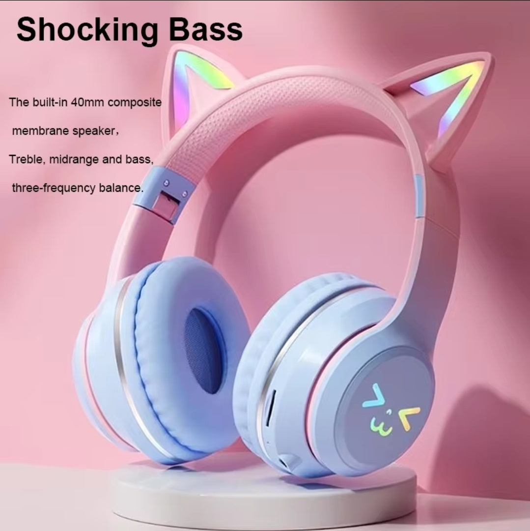 Cat Ear Wireless Headphones With LED Colorful Glow + Type-C Charge Cable