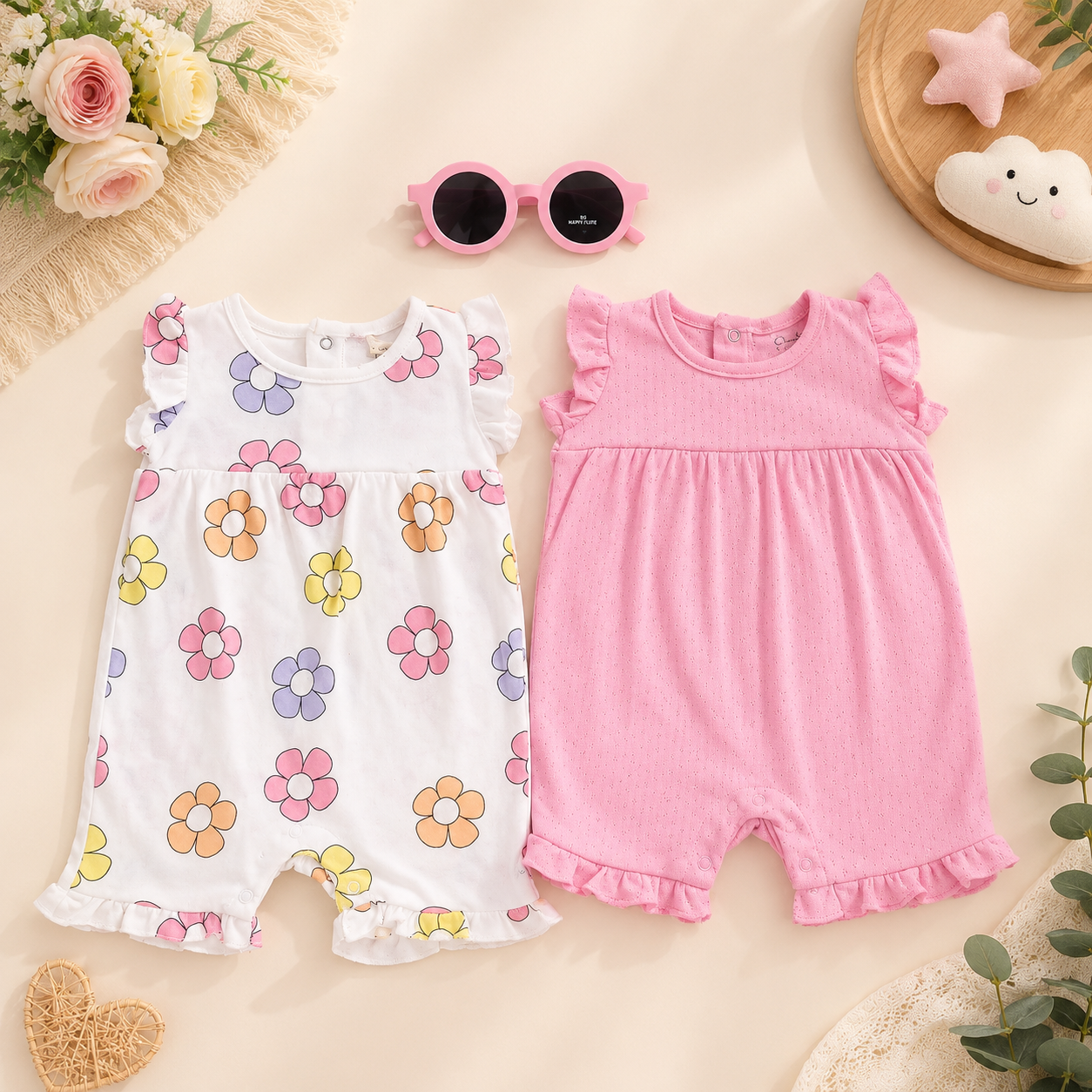 Baby Girls 3PCS Romper Set with Sunglasses | Size 3-18M