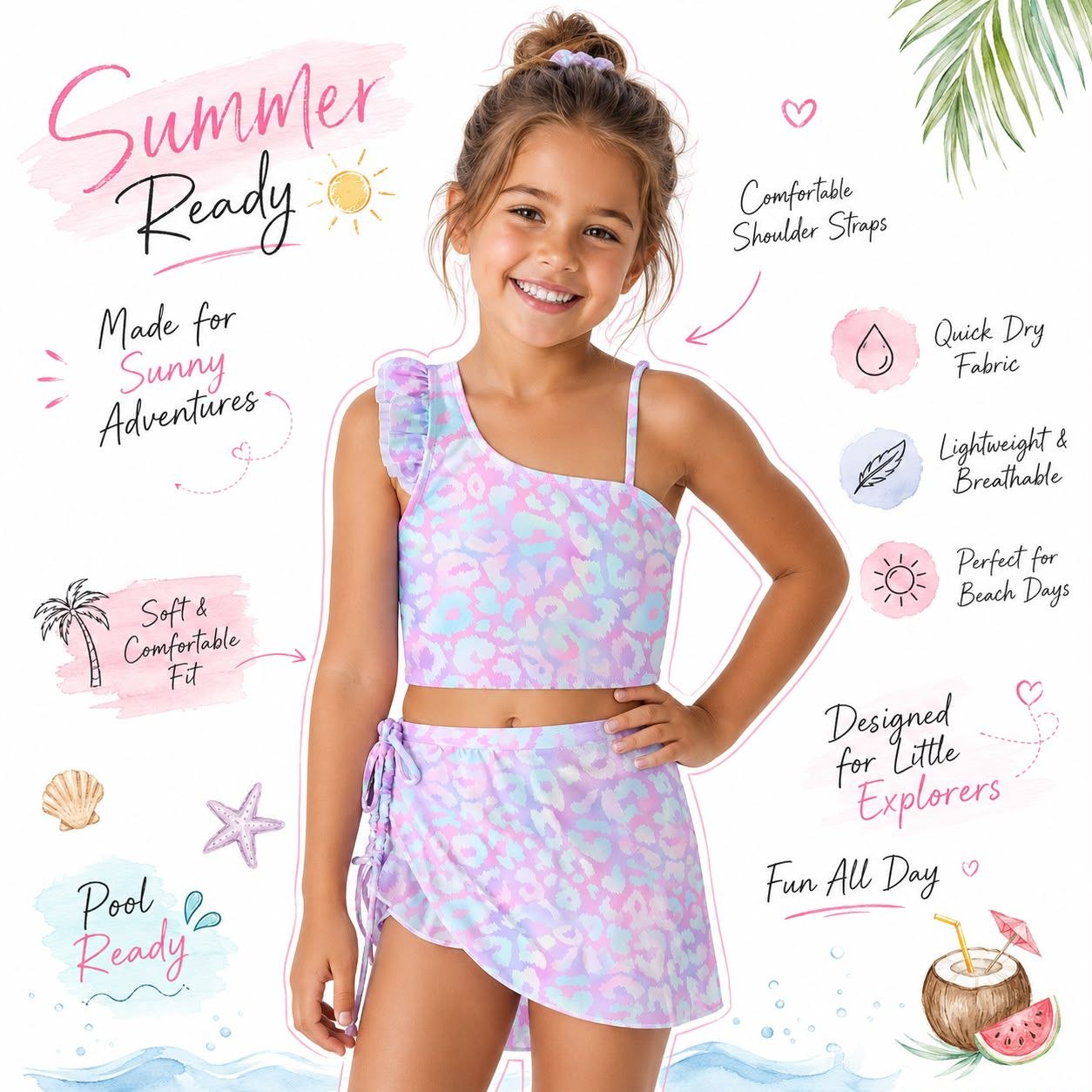 Girl 3-Piece Pastel Leopard Print Swimwear Set | Size 8-12y