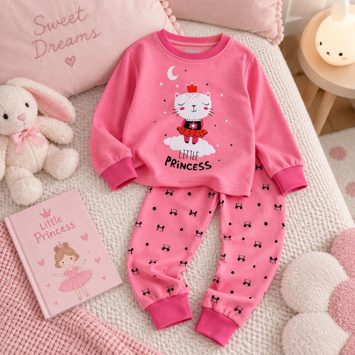 Girls’ 100% Cotton Sweet Cat Pajama Set | 0–8Y