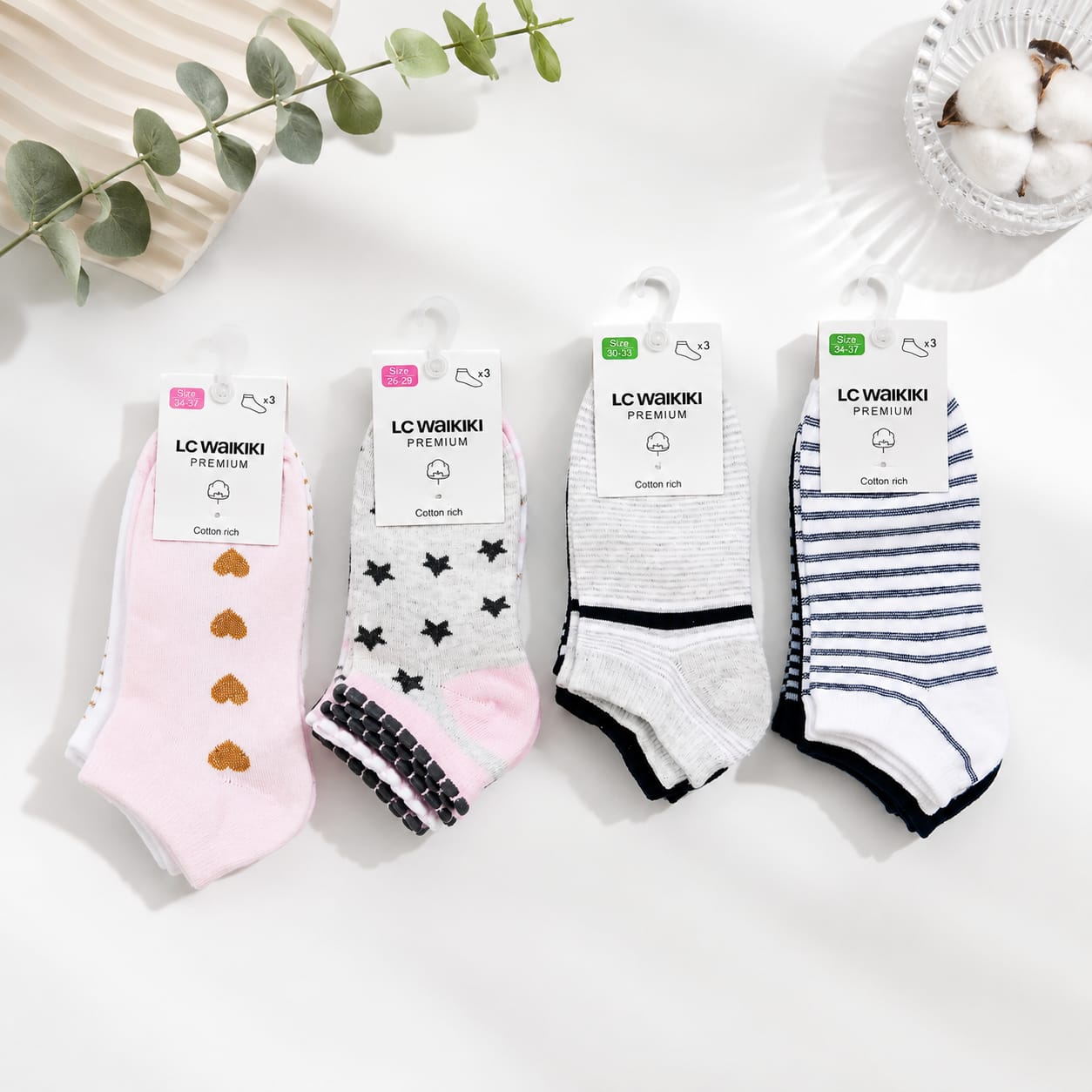 LC Waikiki Premium Cotton Rich Ankle Socks – 3 Pairs | size 26-37