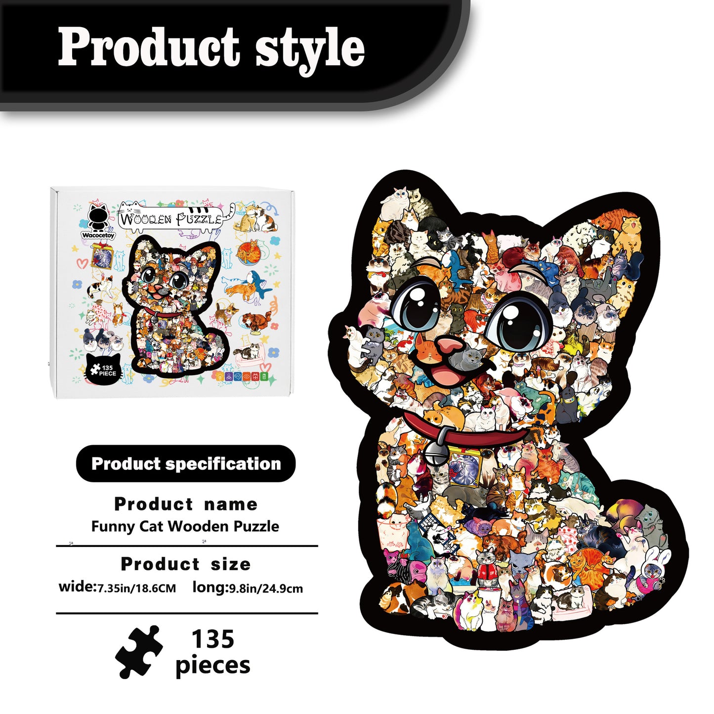 Funny Cat Wooden Puzzle – 135 Pieces | DIY Animal Jigsaw for Kids & Adults | 26002