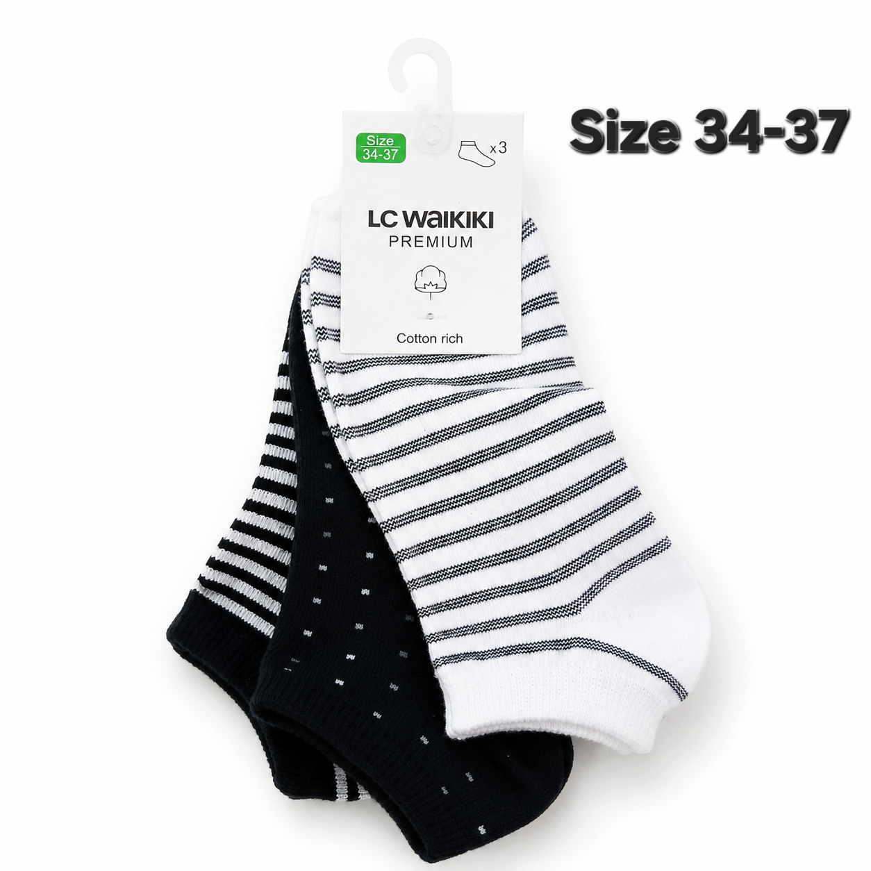 LC Waikiki Premium Cotton Rich Ankle Socks – 3 Pairs | size 26-37