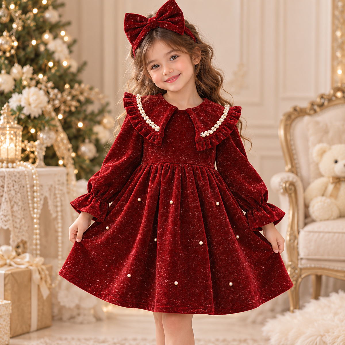Girls' Burgundy Velvet Dress with Bow | 1–7Y