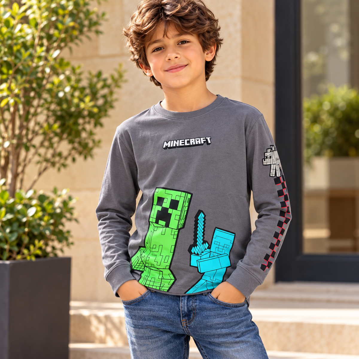 Boys’ Minecraft Long Sleeve T-Shirt – Grey / 6–12Y