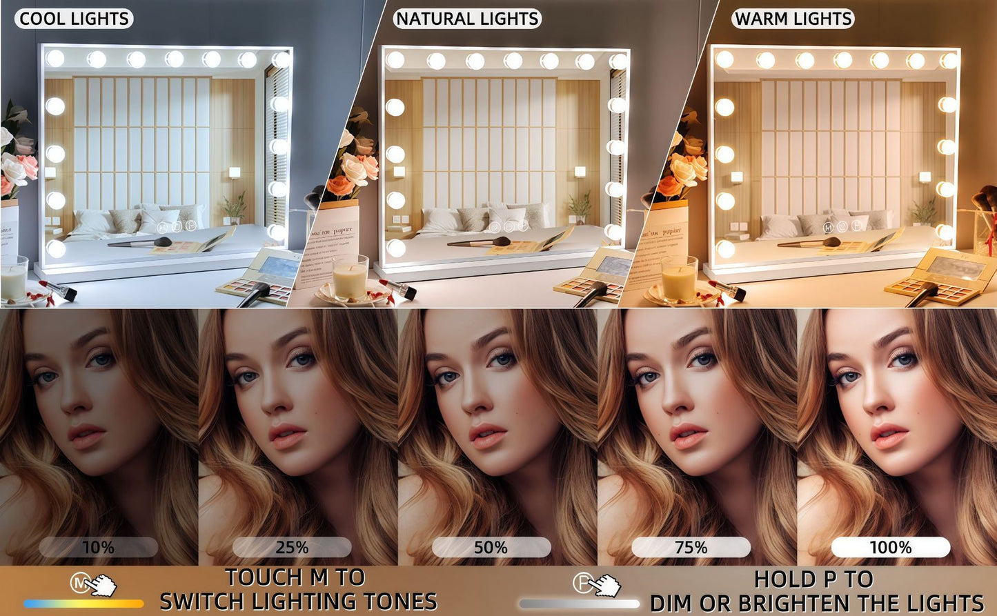 LED Makeup Mirror With Light Bulbs USB Charger 15 LEDS