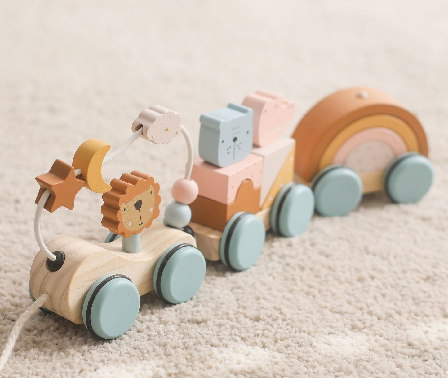 Montessori Wooden Pull Along Train Toy with Stacking Blocks