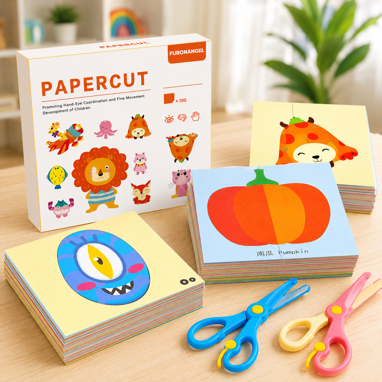 Kids Papercut Craft Kit – 100 Cutting Cards with Safe Scissors, Assorted Themes