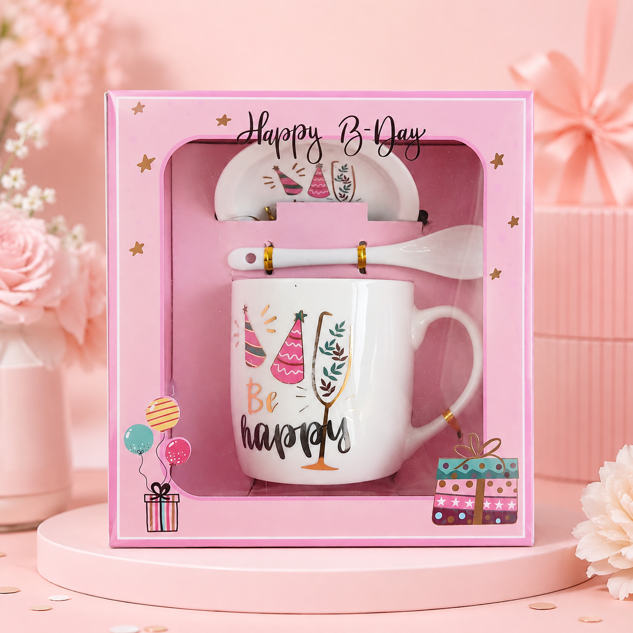 Happy Birthday Ceramic Mug Gift Set with Saucer & Spoon