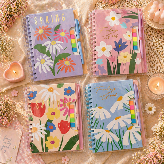 Floral Spiral Notebook Set with Sticky Notes & Pen A5