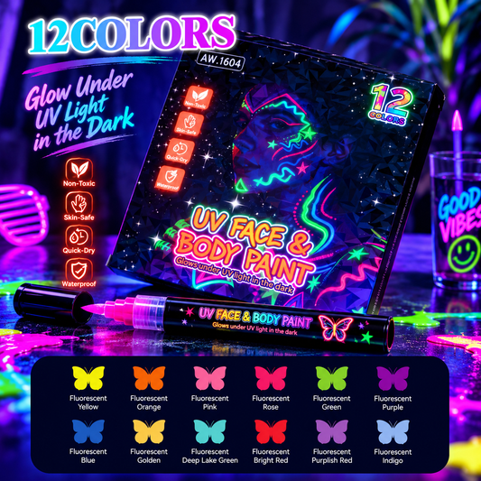 12-Color UV Face & Body Paint Marker Set – Neon Blacklight Glow