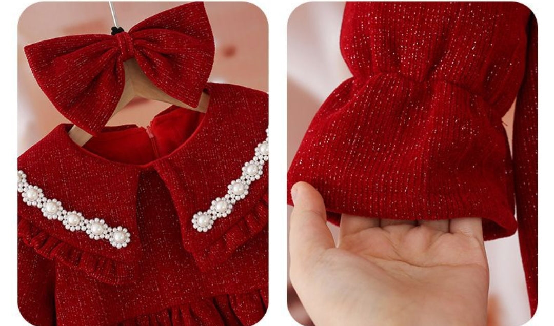Nice Warm Red Dres With Pearl Decoration