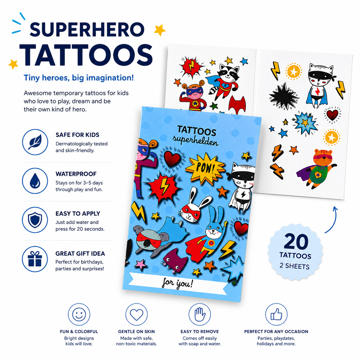 Superheroes Kids Temporary Tattoos - Waterproof & Skin Friendly | 3+