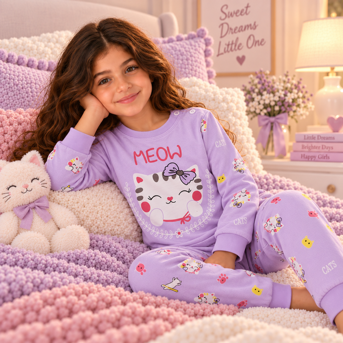 Girls’ 100% Cotton Meow Kitty Pajama Set | 0–8Y