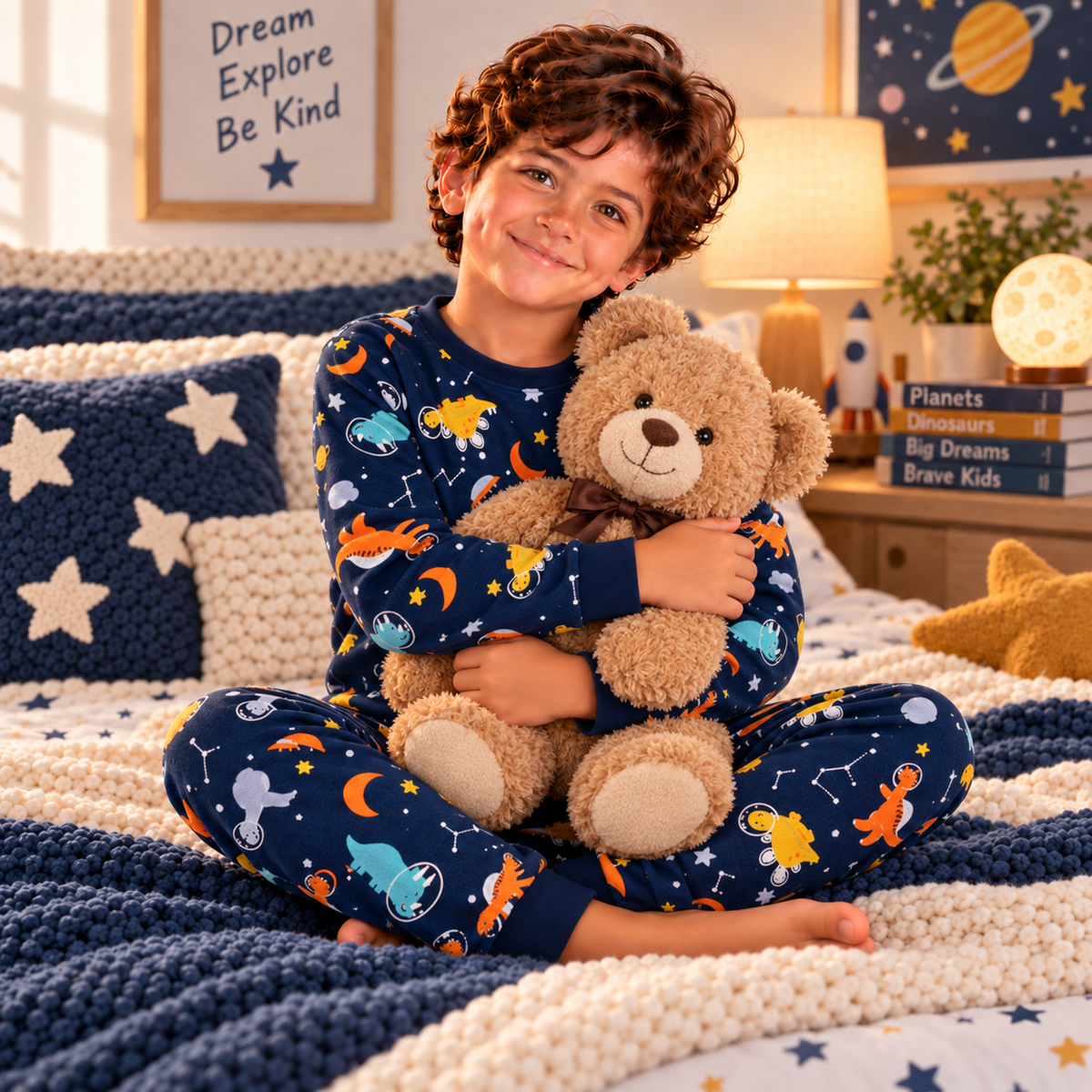 Boys’ 100% Cotton Space Dino Pajama Set | 0–8Y