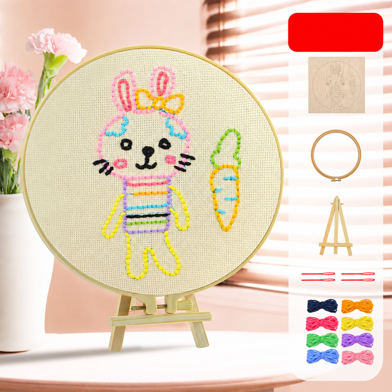 DIY Kids Embroidery Kit with Hoop, Stand & Colorful Yarn – Assorted Animal Designs