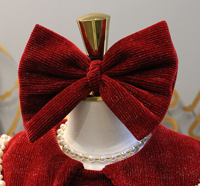 Girls' Burgundy Velvet Dress with Bow | 1–7Y