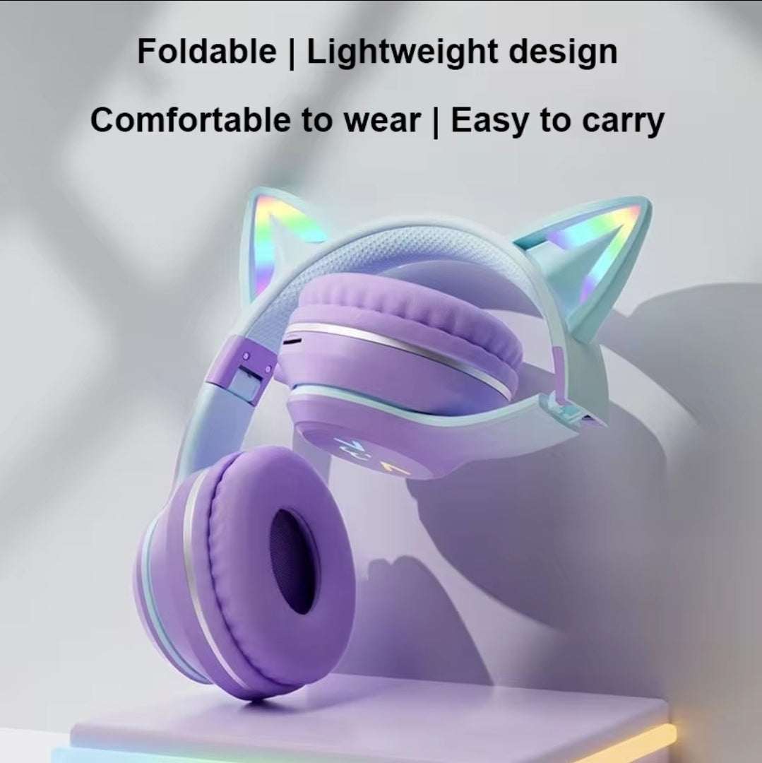 Cat Ear Wireless Headphones With LED Colorful Glow + Type-C Charge Cable