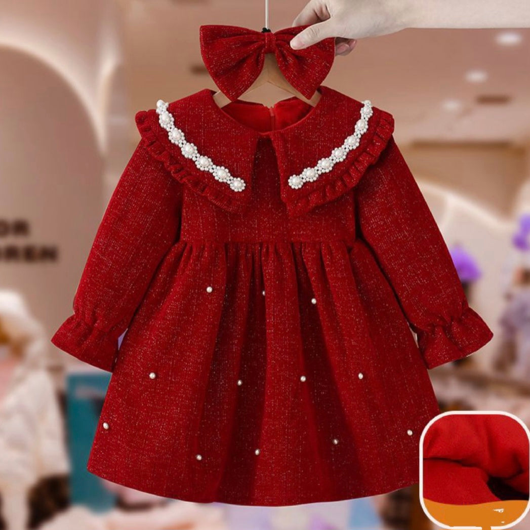 Nice Warm Red Dres With Pearl Decoration