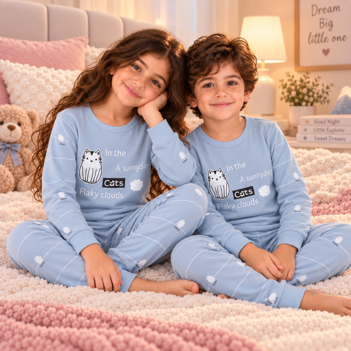 Kids’ 100% Cotton Grey Cat Pajama Set | 3–14Y