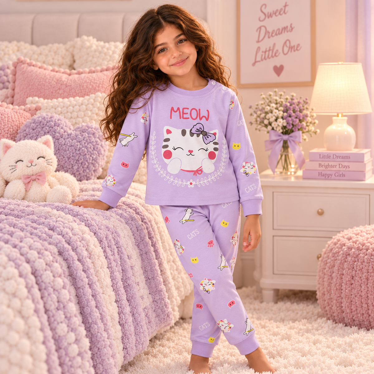 Girls’ 100% Cotton Meow Kitty Pajama Set | 0–8Y