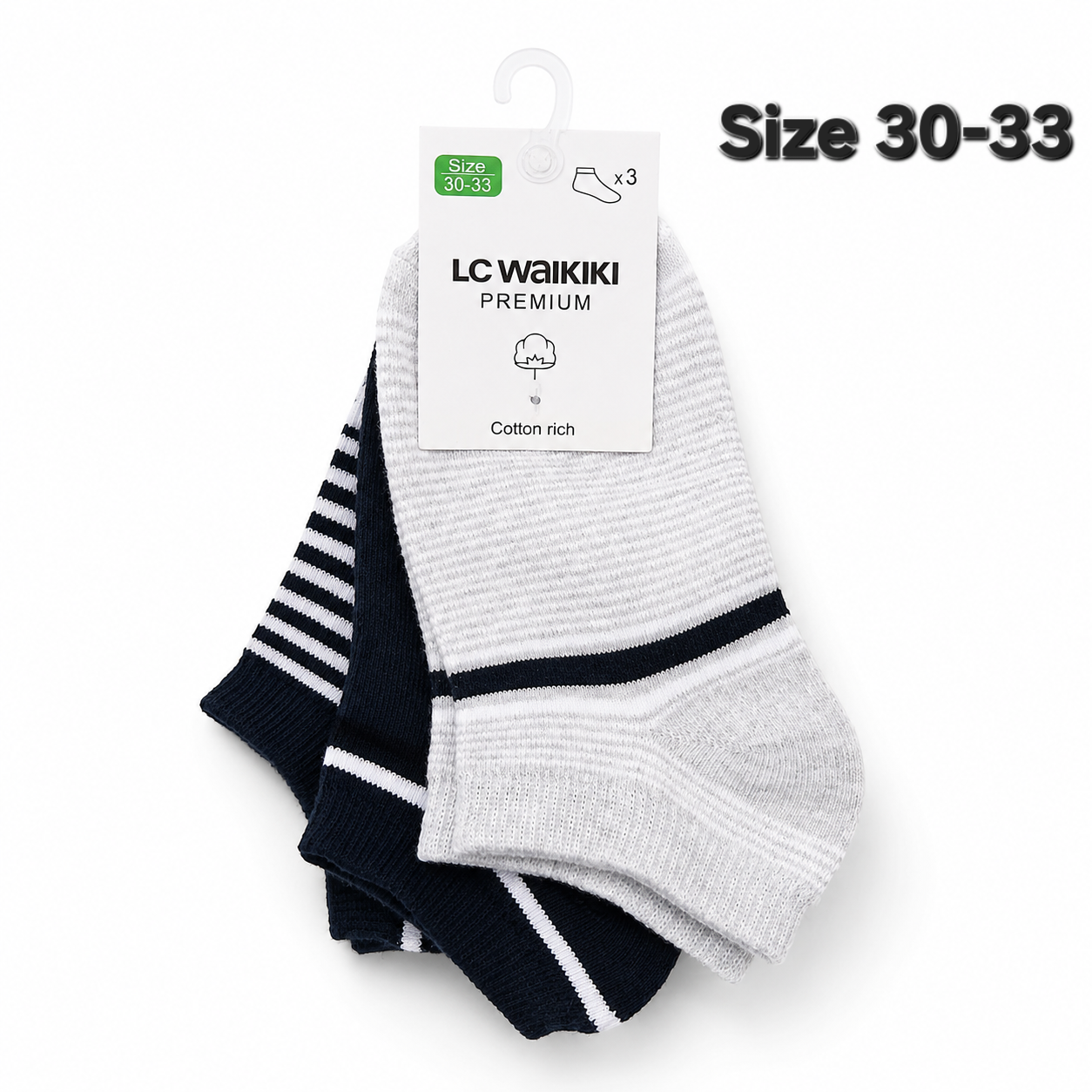 LC Waikiki Premium Cotton Rich Ankle Socks – 3 Pairs | size 26-37