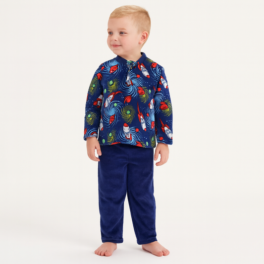 Pyjama Warm Dark Blue Rocket Design Size 1-5y