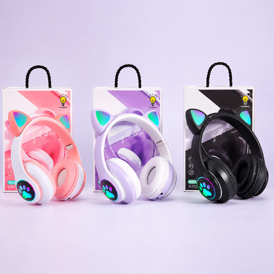 Cute Cat Ear Wireless Headphones- LED Lights, Noise Cancelling & Bluetooth 5.0