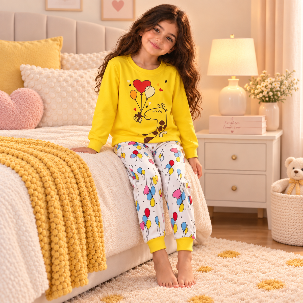 Girls’ 100% Cotton Giraffe & Balloons Pajama Set | 0–8Y
