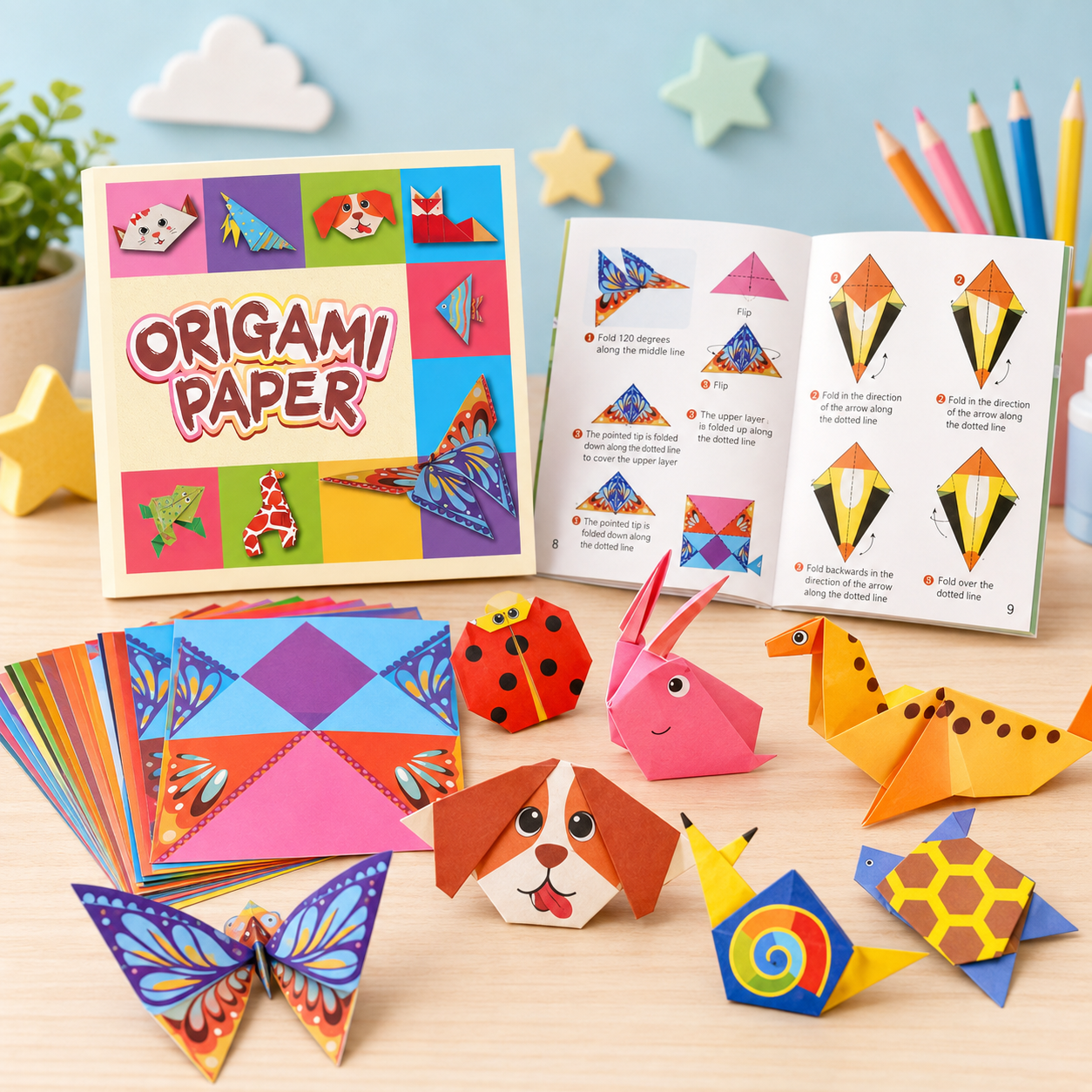 Kids Origami Paper Craft Kit – 54 Sheets & 27 Folding Designs with Instruction Book