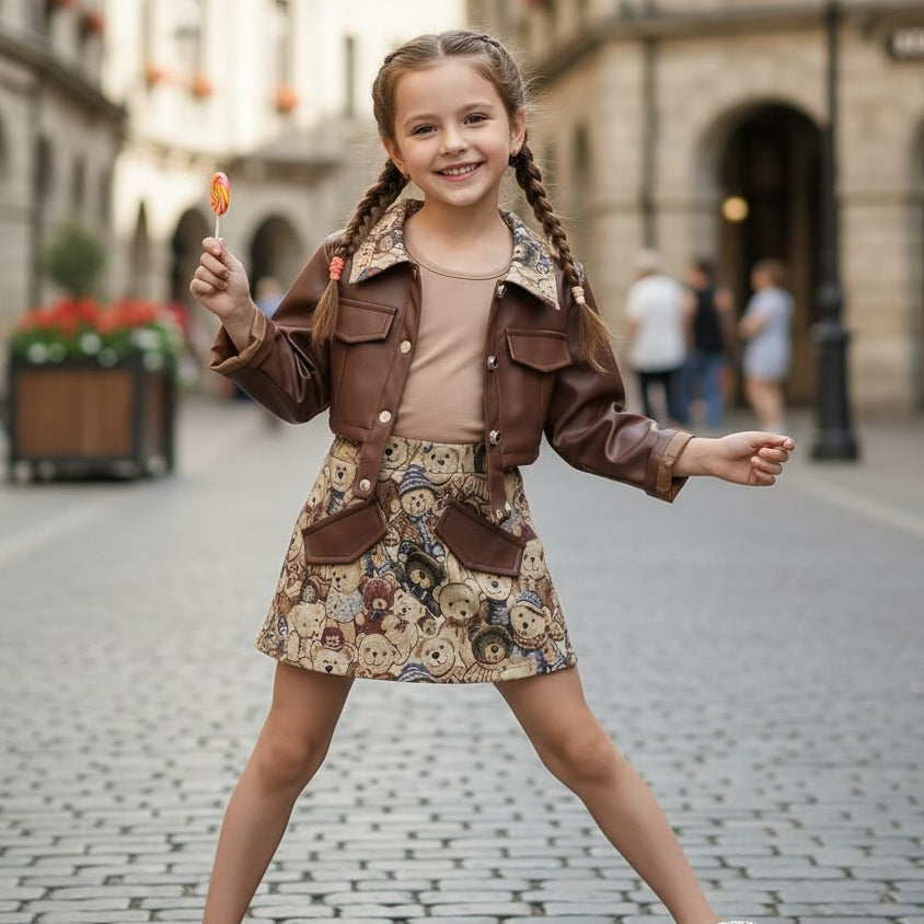 Brown Leather Set Bears Design Jacket & Skirt  Size 8-10y