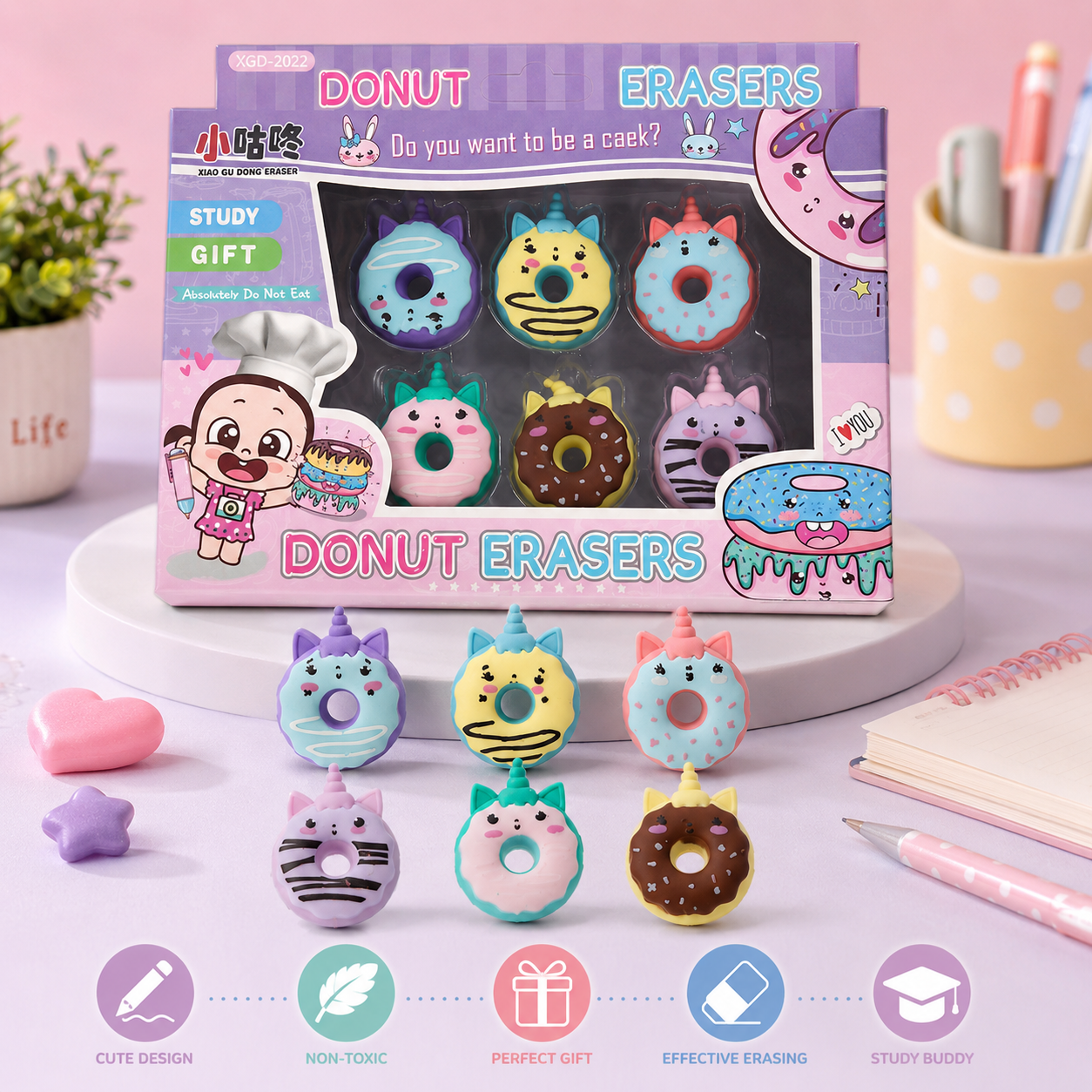 Donut Eraser Donut Stationery for Party Favors Kids Birthday Party Bag Gifts, 6 PCS