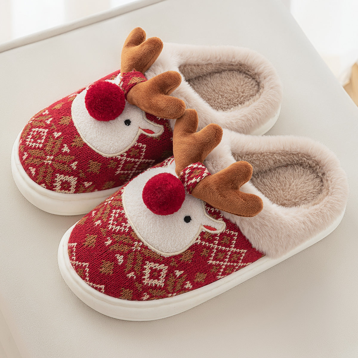 Christmas Reindeer Plush Slippers – Red & Green | 36–43
