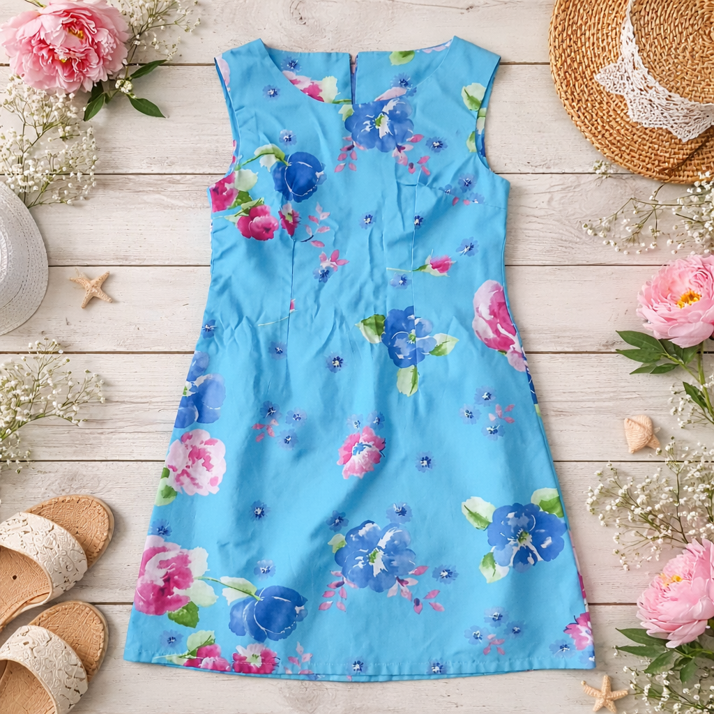Matching Blue Floral Dresses for Mom & Daughter 2 Dresses |S+6-8y