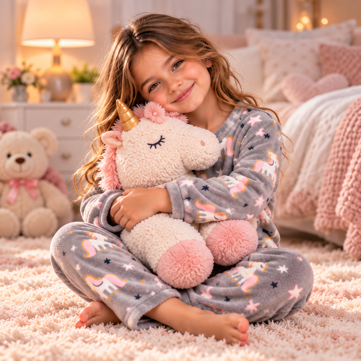 Kids’ Warm Unicorn Pajama Set – Grey | 1–16Y