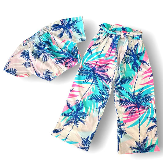 .Outfit For Girls Palm Trees Design Set Of 2 Pcs Crop&Pant Size 4-12y