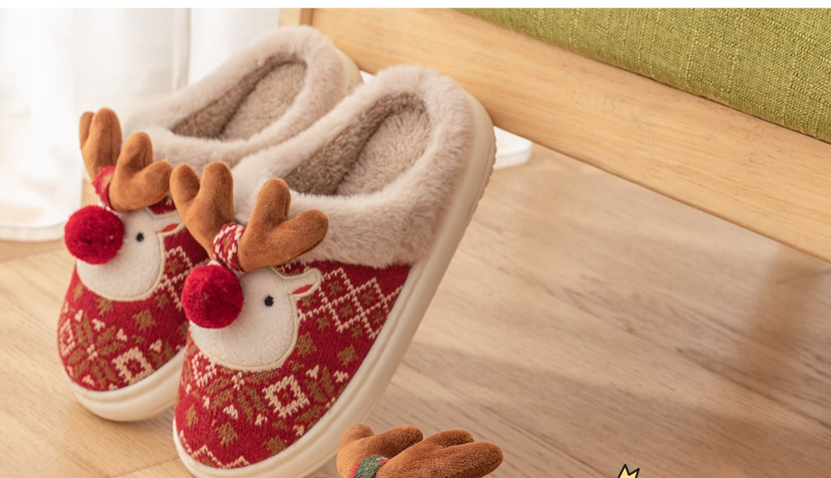 Christmas Reindeer Plush Slippers – Red & Green | 36–43