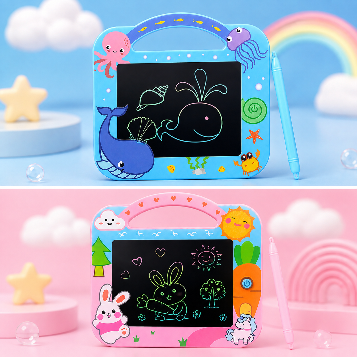 Kids Reusable LCD Writing Tablet with Stylus – Blue & Pink