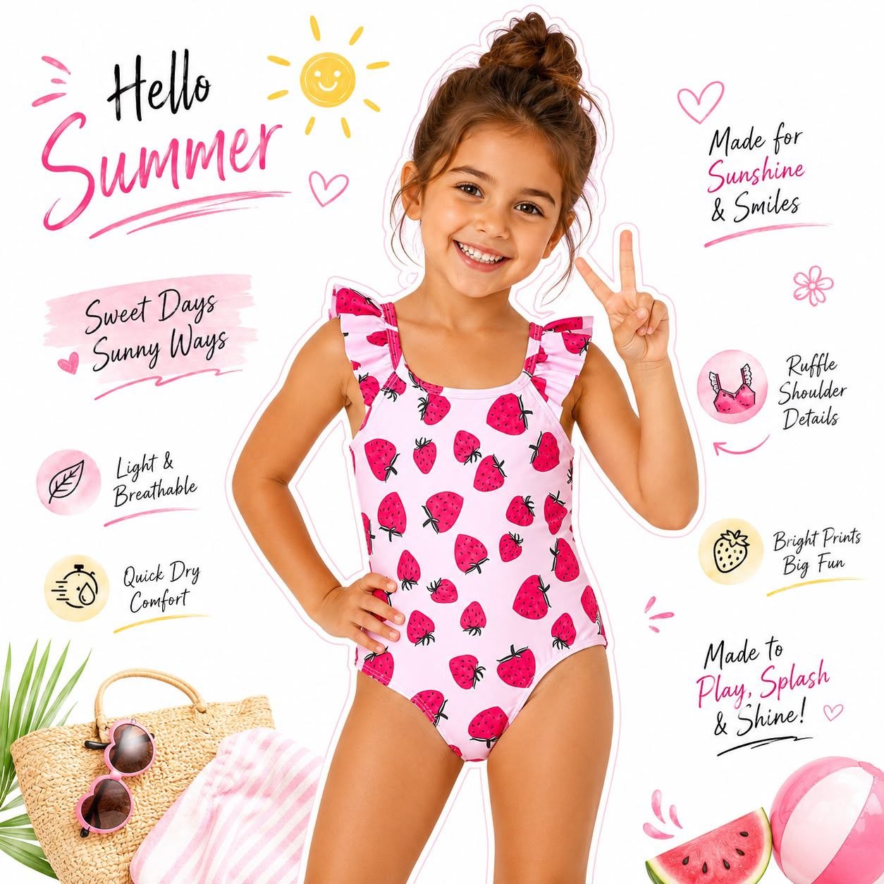 Girl Strawberry Print One-Piece Swimsuit | Size 4-7y