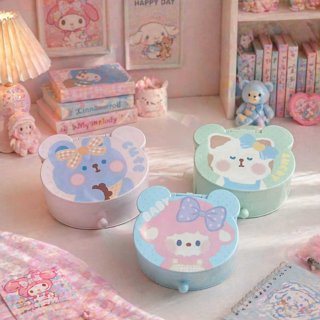 Cute Bear Mirror Storage Box – Pastel Color