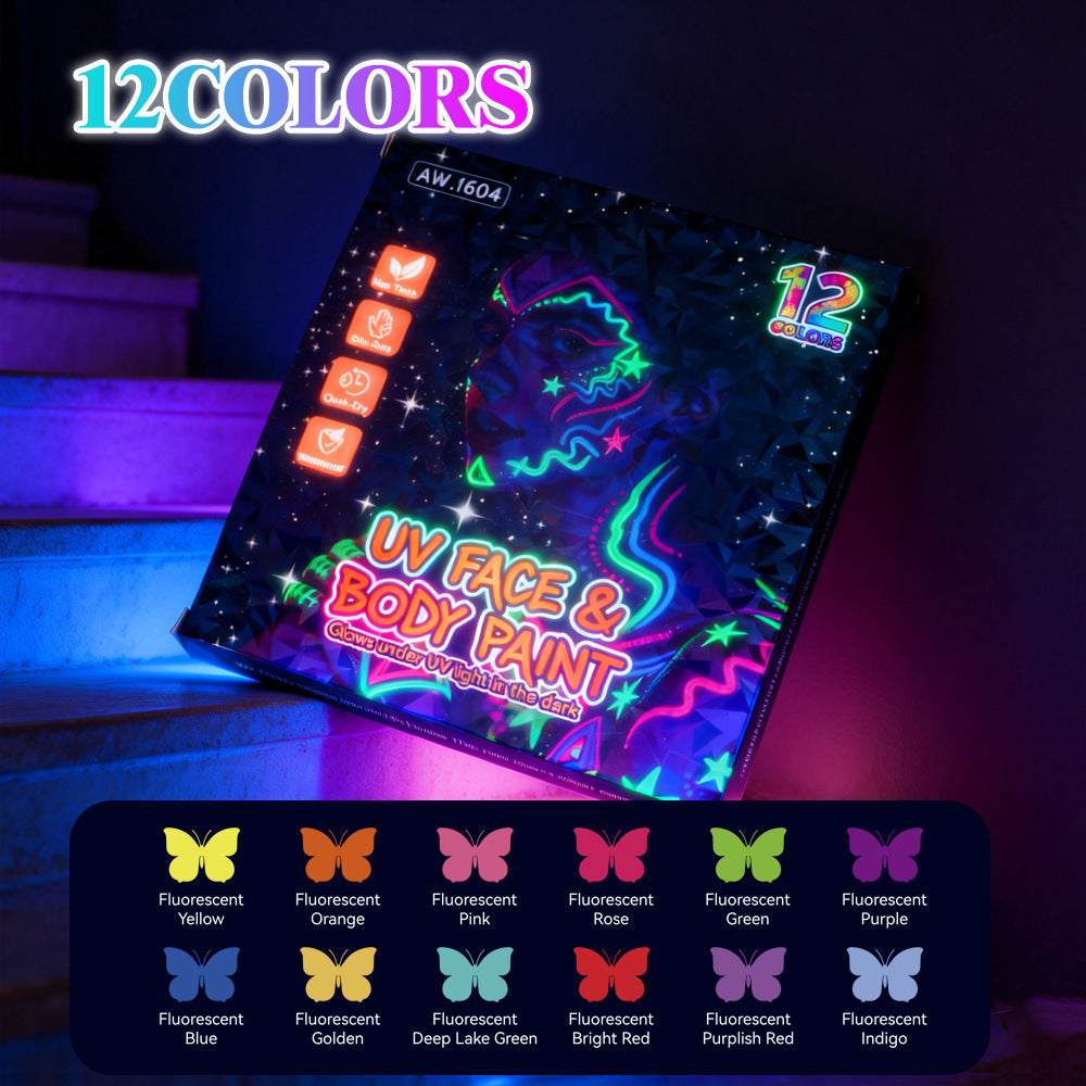 12-Color UV Face & Body Paint Marker Set – Neon Blacklight Glow