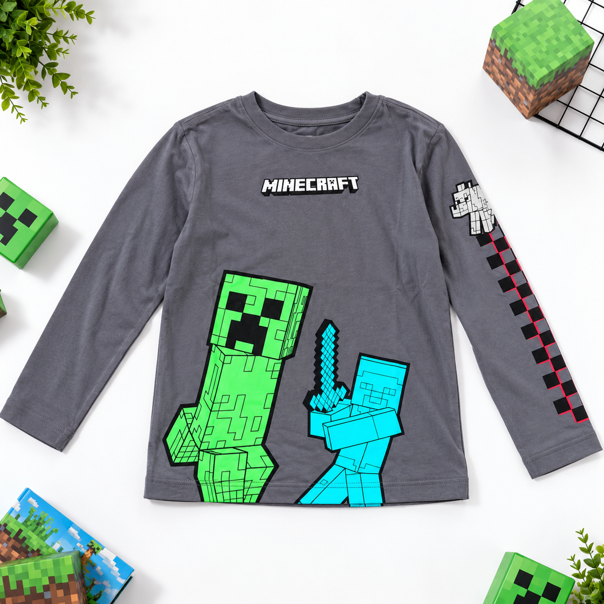 Boys’ Minecraft Long Sleeve T-Shirt – Grey / 6–12Y