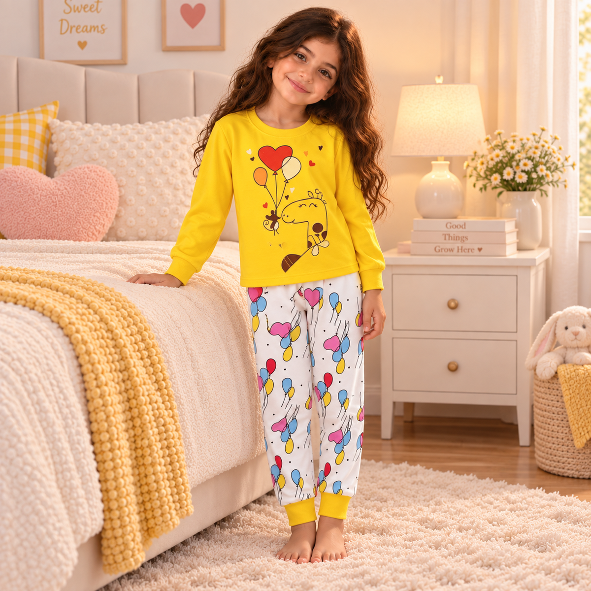 Girls’ 100% Cotton Giraffe & Balloons Pajama Set | 0–8Y