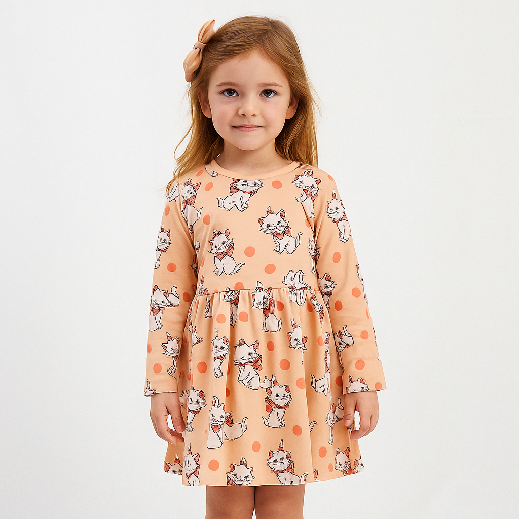 Cotton 100% Dress Long Sleeve With Cute Cats